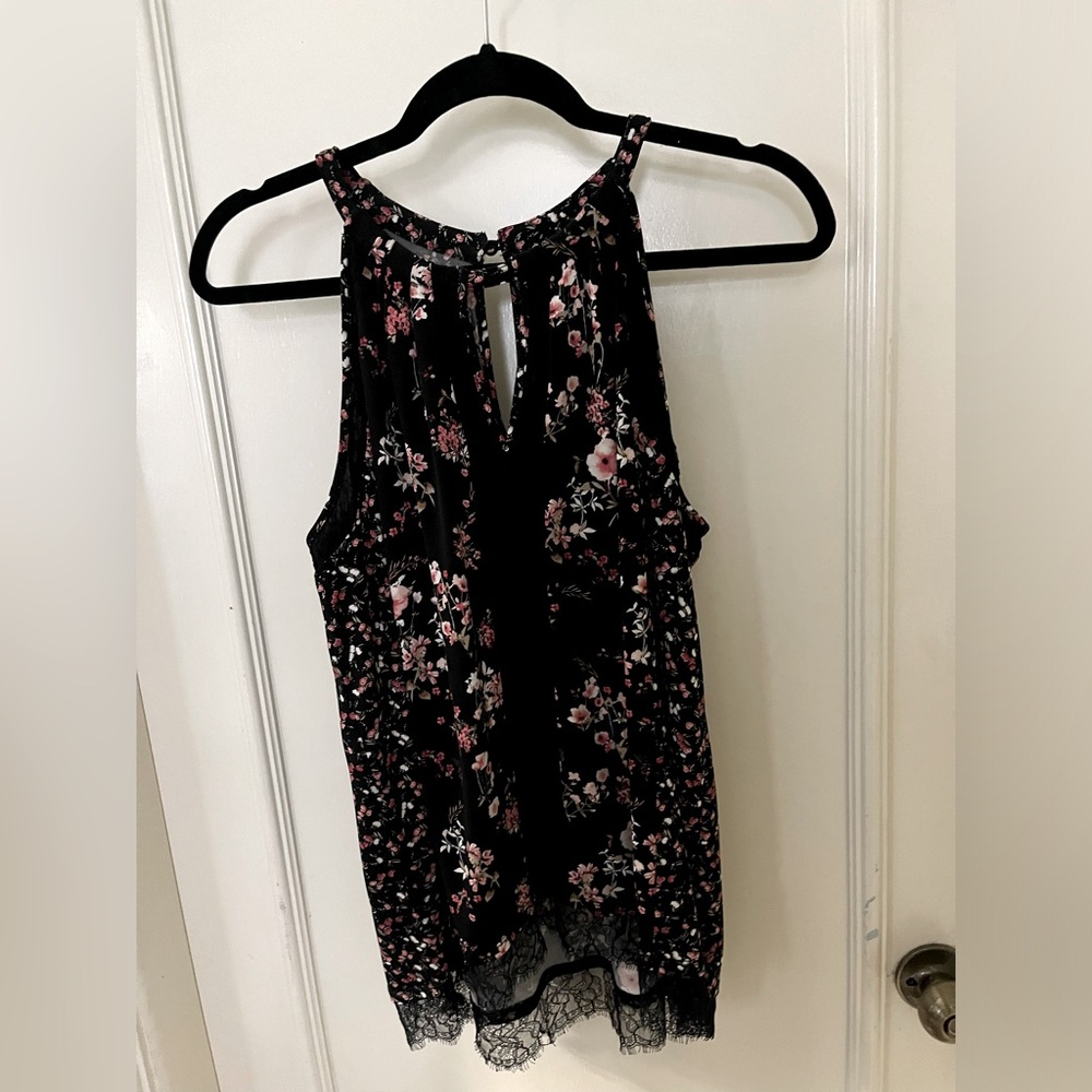WHBM black floral top. Lace insert in front. Sz M